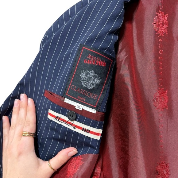 Jean Paul Gaultier Vintage 90s Navy Blue Pin-Striped Blazer with Red Lining - Picture 3 of 10